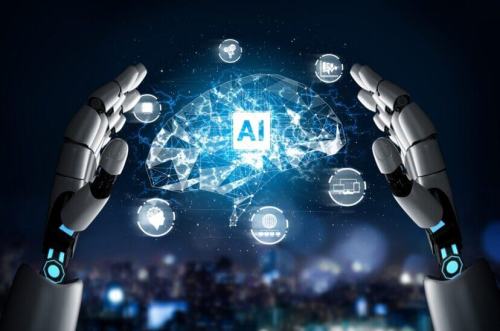 las manos de un robot rodeando a un cerebro conectando con las redes sociales creciemiento personas con el fondo negro